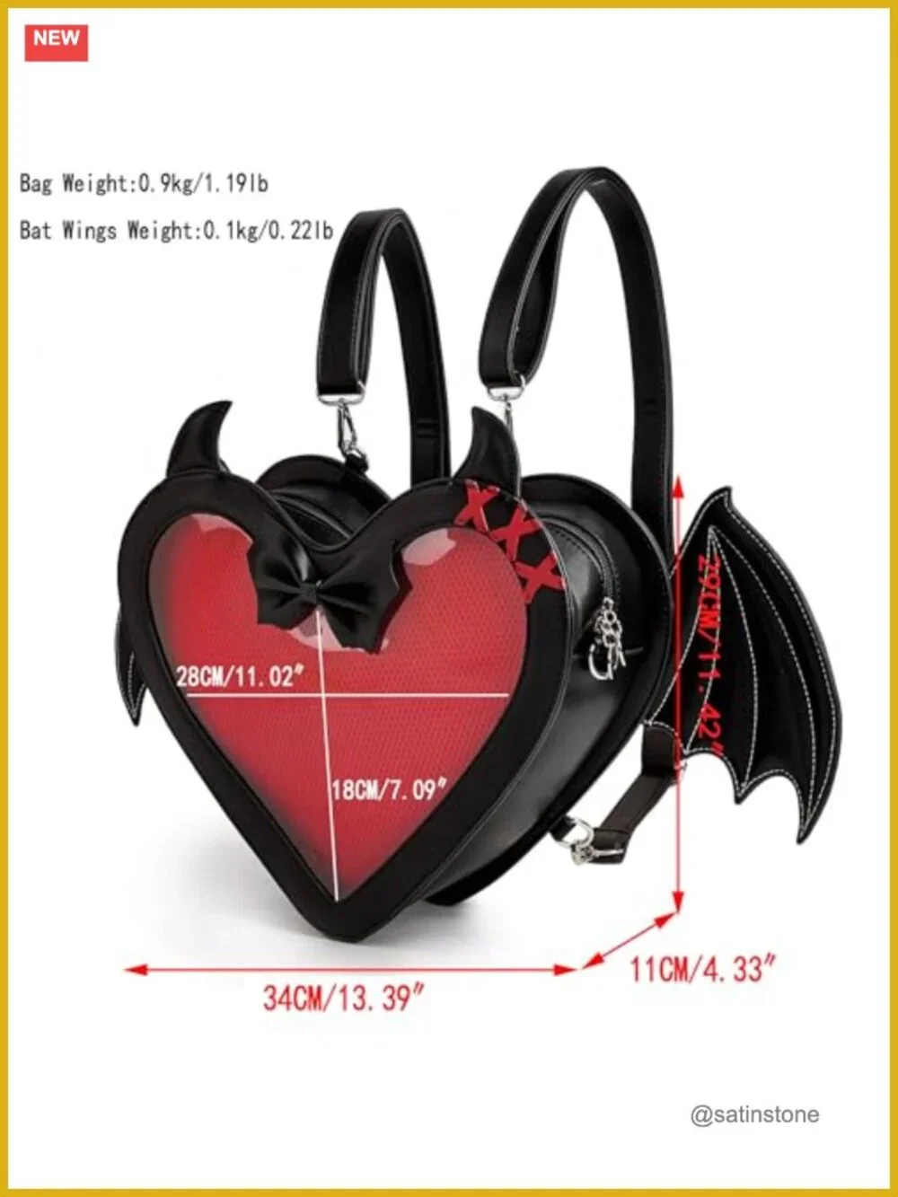 Gothic Heart Bat Wing Backpack Convertible Shoulder Bag Clear Window Display